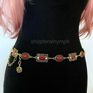 Gold Y2K Faux Ruby Red Jewel Whimsygoth Chain Belt, Fits 26-35 Inches, X7GA1390